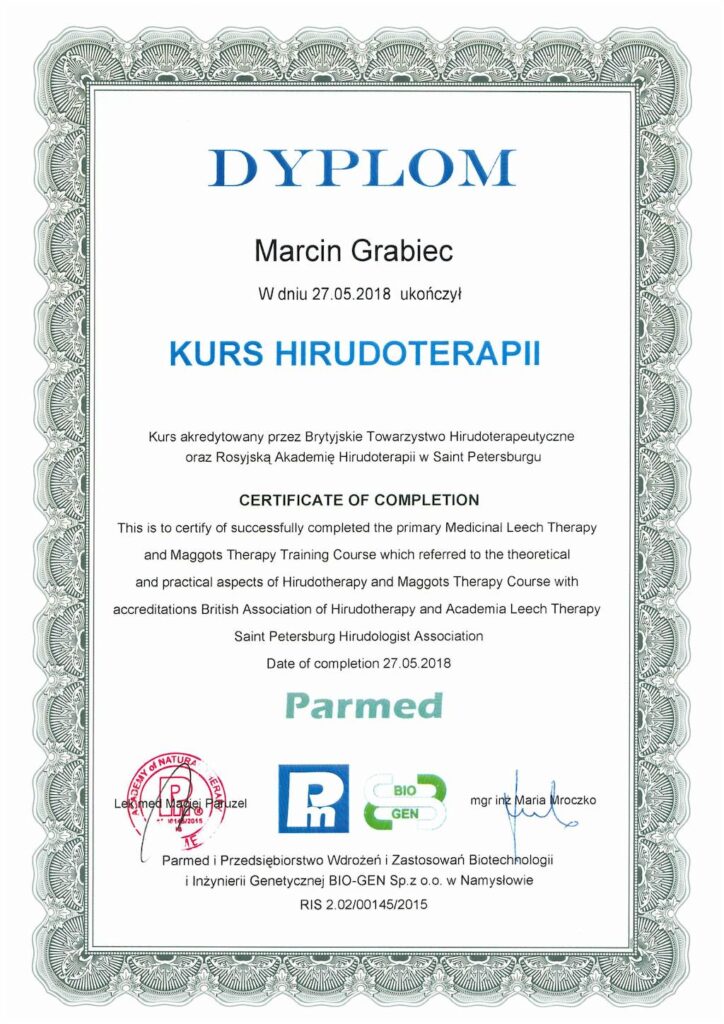 Marcin Grabiec - dyplom Kurs HIRUDOTERAPII