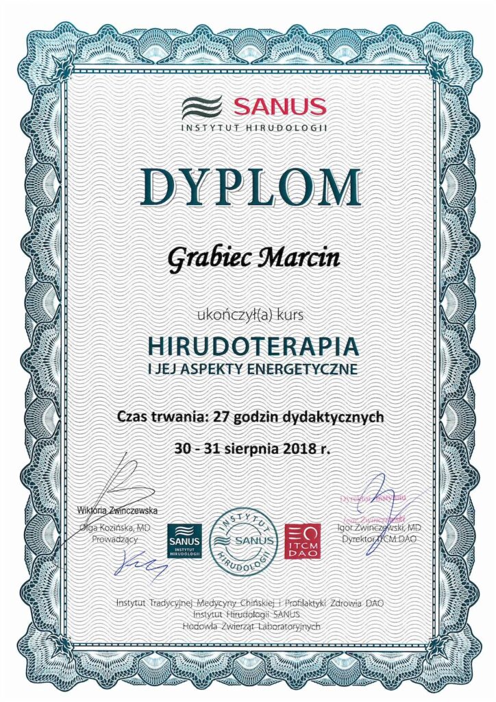 Marcin Grabiec - dyplom Kurs HIRUDOTERAPII