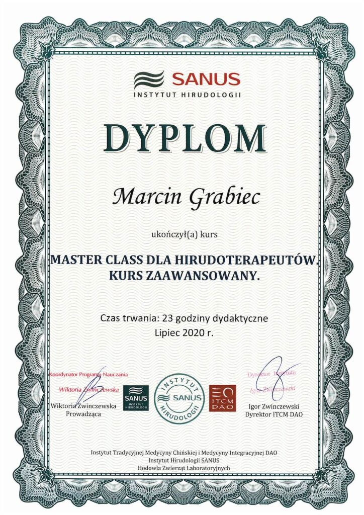 Marcin Grabiec - dyplom Kurs HIRUDOTERAPII
