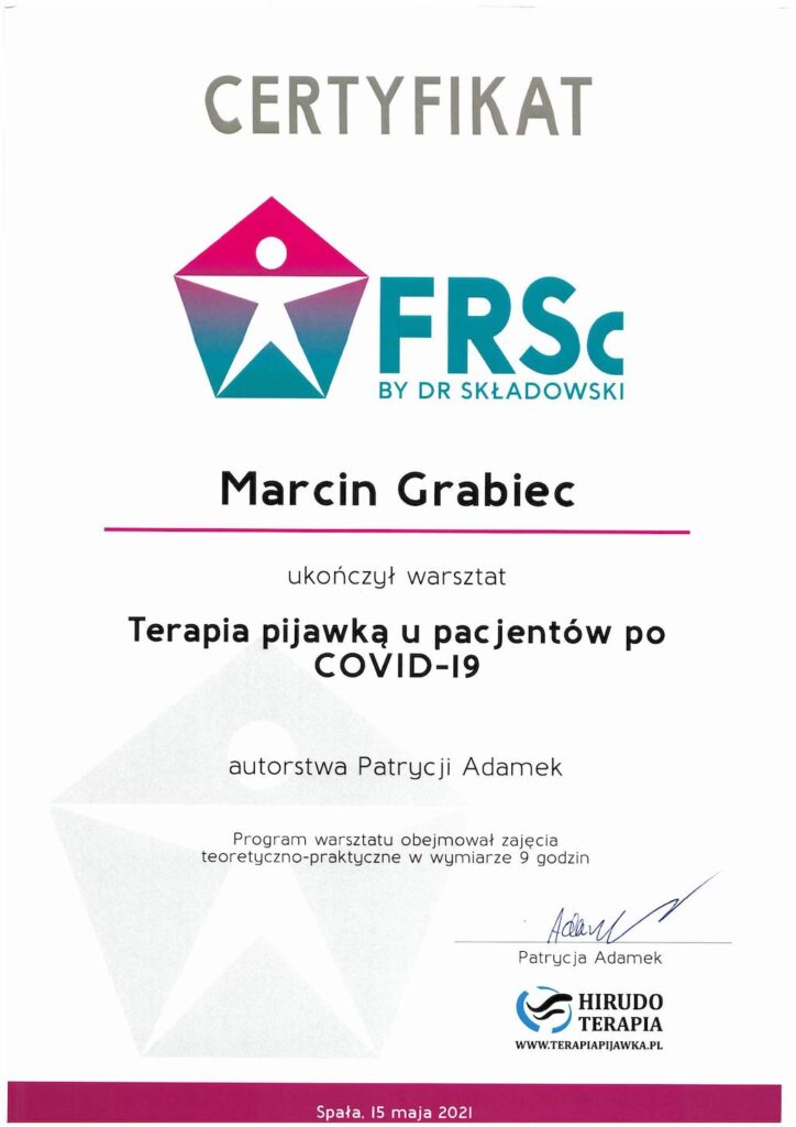 Marcin Grabiec - dyplom Kurs HIRUDOTERAPII