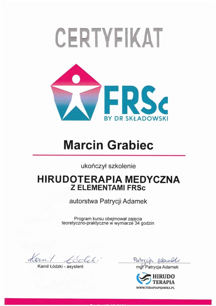 Marcin Grabiec - dyplom Kurs HIRUDOTERAPII